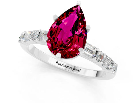 White gold Pear Cut Garnet Solitaire with Side Baguettes and Channel Set Band_37