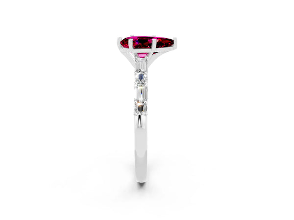 Platinum Pear Cut Garnet Solitaire with Side Baguettes and Channel Set Band