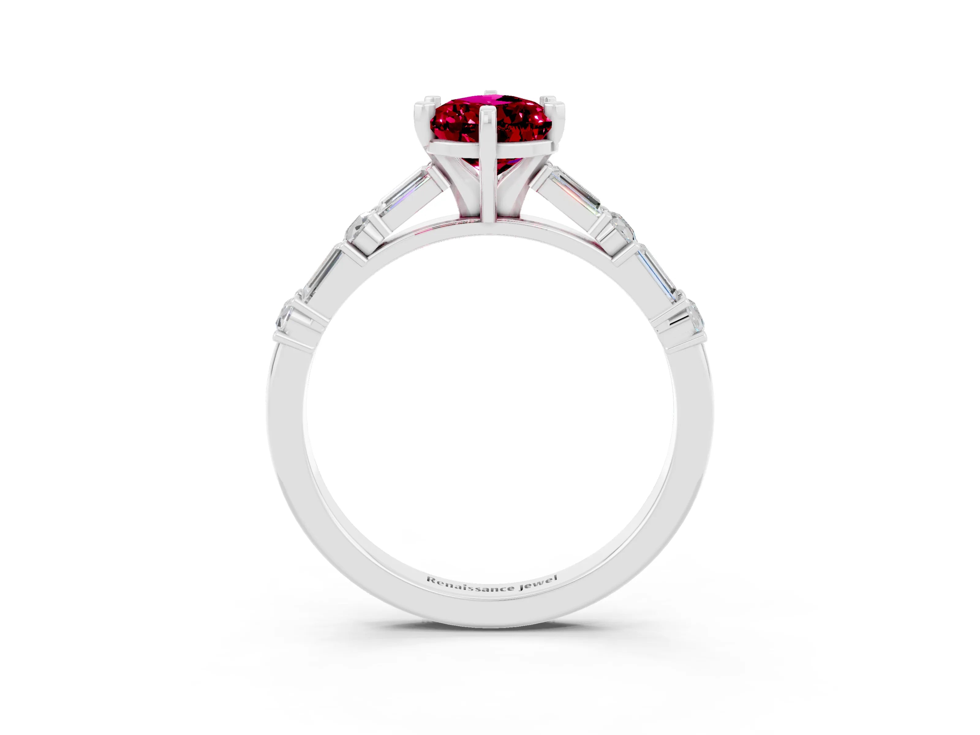White gold Pear Cut Garnet Solitaire with Side Baguettes and Channel Set Band_39