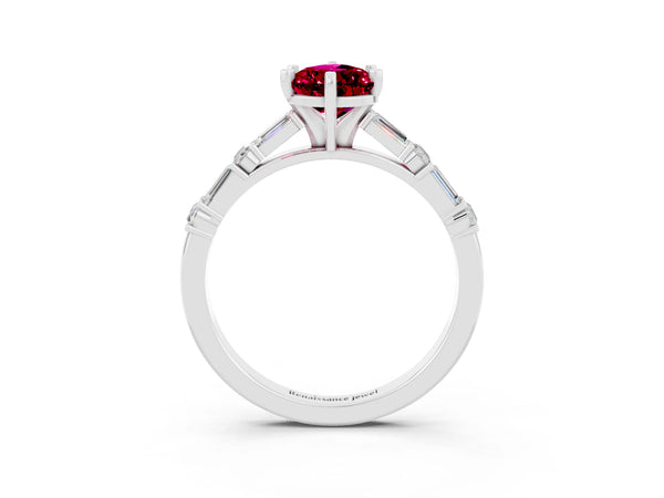 Platinum Pear Cut Garnet Solitaire with Side Baguettes and Channel Set Band