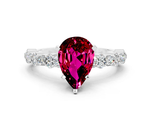 Silver Pear Cut Garnet Side Stone Solitaire Ring with Round  and Four-Prong Setting