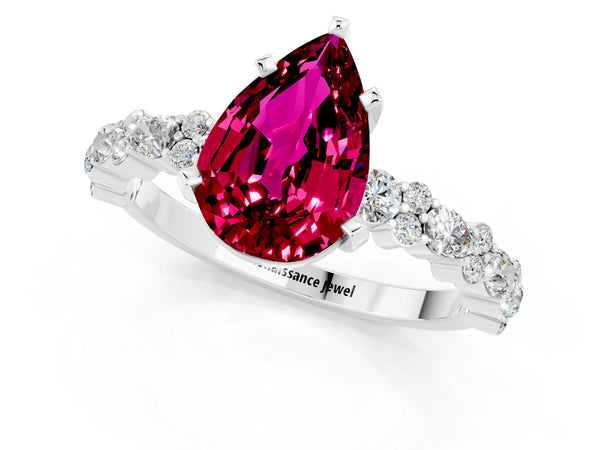 Silver Pear Cut Garnet Side Stone Solitaire Ring with Round  and Four-Prong Setting