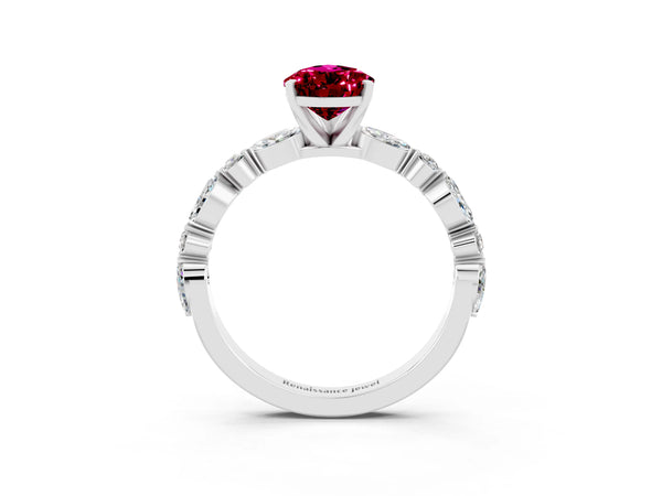 White gold Pear Cut Garnet Ring with Marquise and Round  Side Stones and Four-Prong Setting