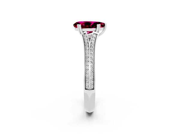 White gold Pear Cut Garnet Split Shank Engagement Ring with Pavé Band