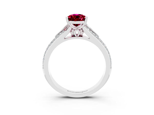 Silver Pear Cut Garnet Split Shank Engagement Ring with Pavé Band
