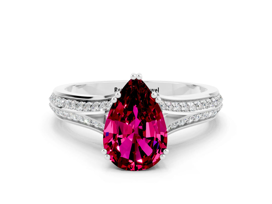 White gold Pear Cut Garnet Split Shank Engagement Ring with Pavé Band
