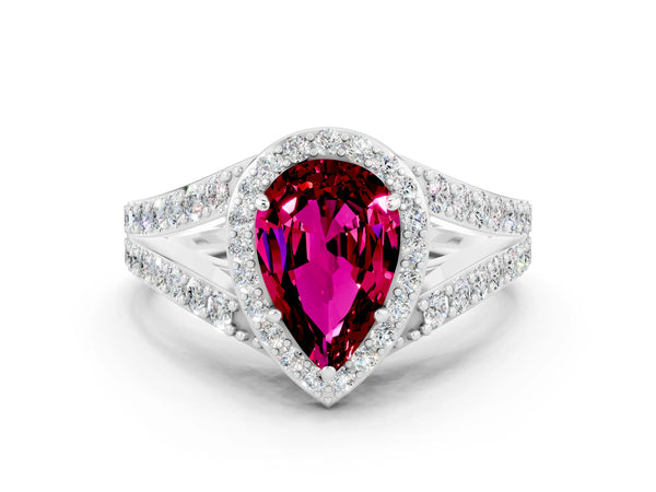 Platinum Pear Cut Garnet Split Shank Halo Ring with Four-Prong Setting