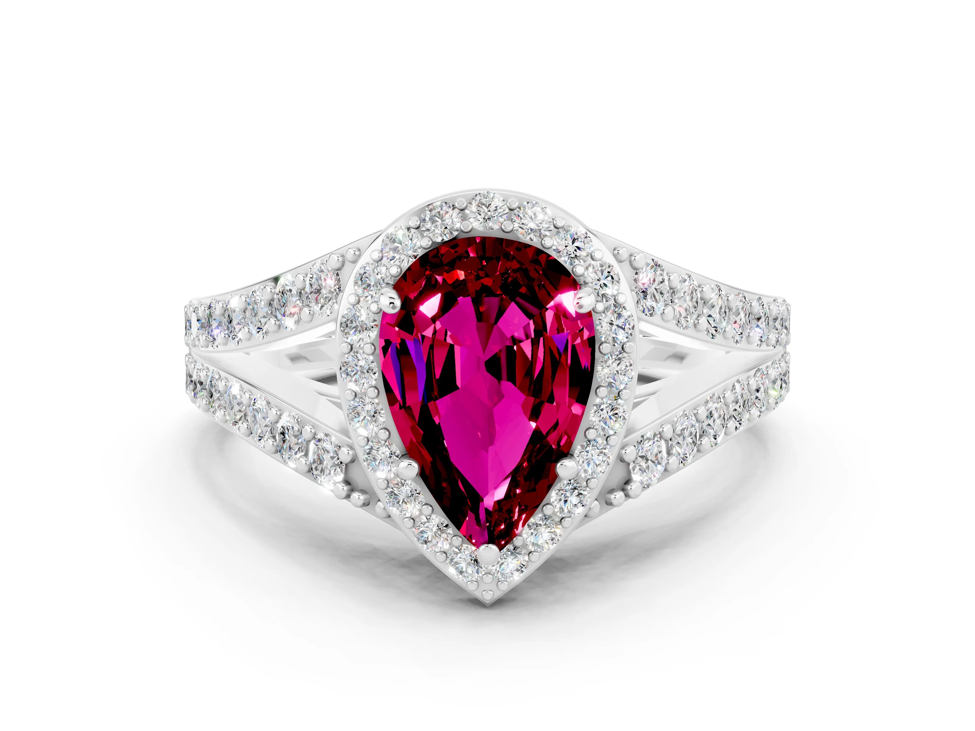 White gold Pear Cut Garnet Split Shank Halo Ring with Four-Prong Setting_12