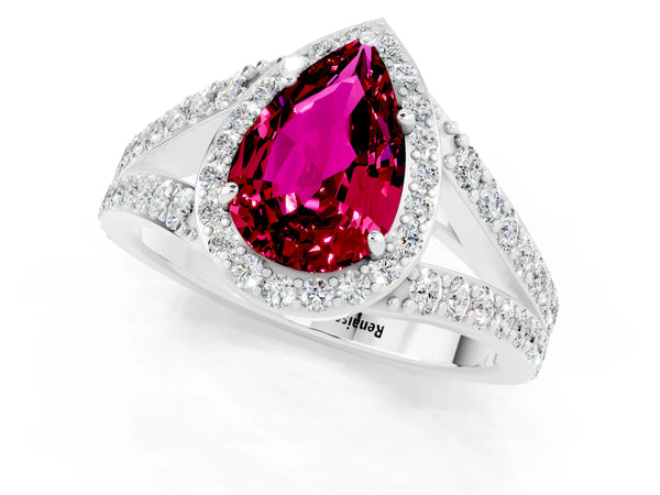 White gold Pear Cut Garnet Split Shank Halo Ring with Four-Prong Setting