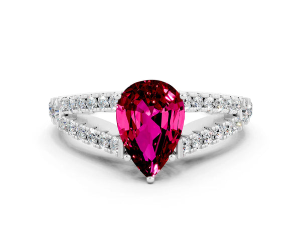 Platinum Pear Cut Garnet Split Shank Pavé Engagement Ring with Four-Prong Setting