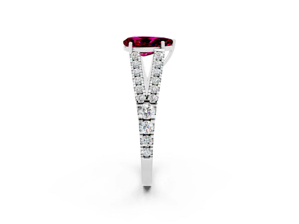 Platinum Pear Cut Garnet Split Shank Pavé Engagement Ring with Four-Prong Setting