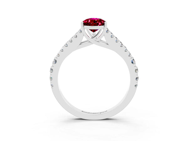 White gold Pear Cut Garnet Split Shank Pavé Engagement Ring with Four-Prong Setting