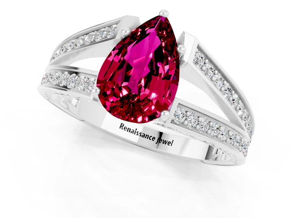 Silver Pear Cut Garnet Split Shank Ring with Pavé Band and Four-Prong Setting