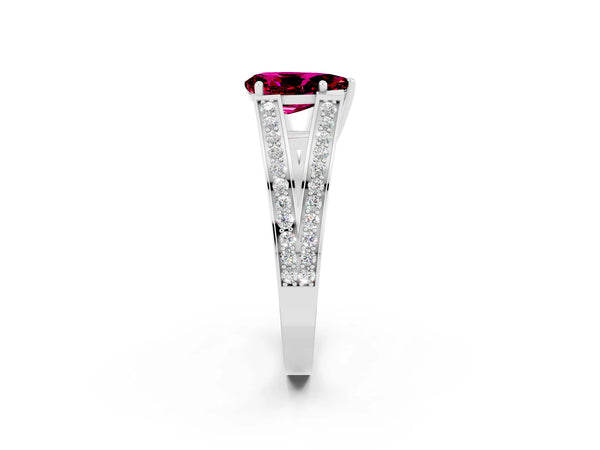Platinum Pear Cut Garnet Split Shank Ring with Pavé Band and Four-Prong Setting