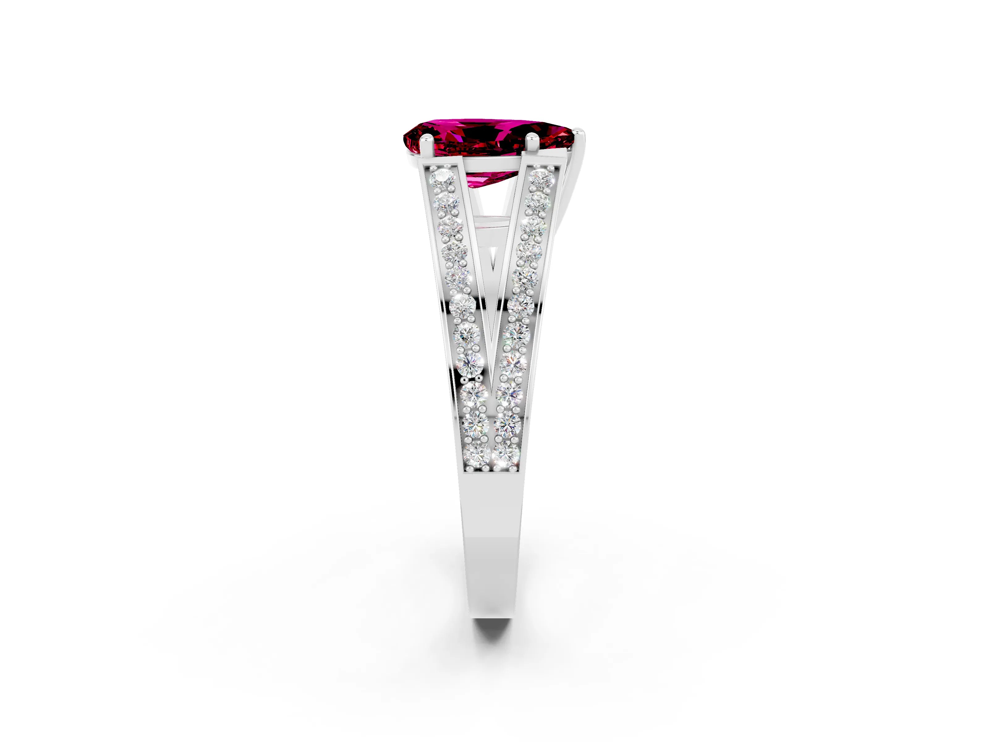 White gold Pear Cut Garnet Split Shank Ring with Pavé Band and Four-Prong Setting_2