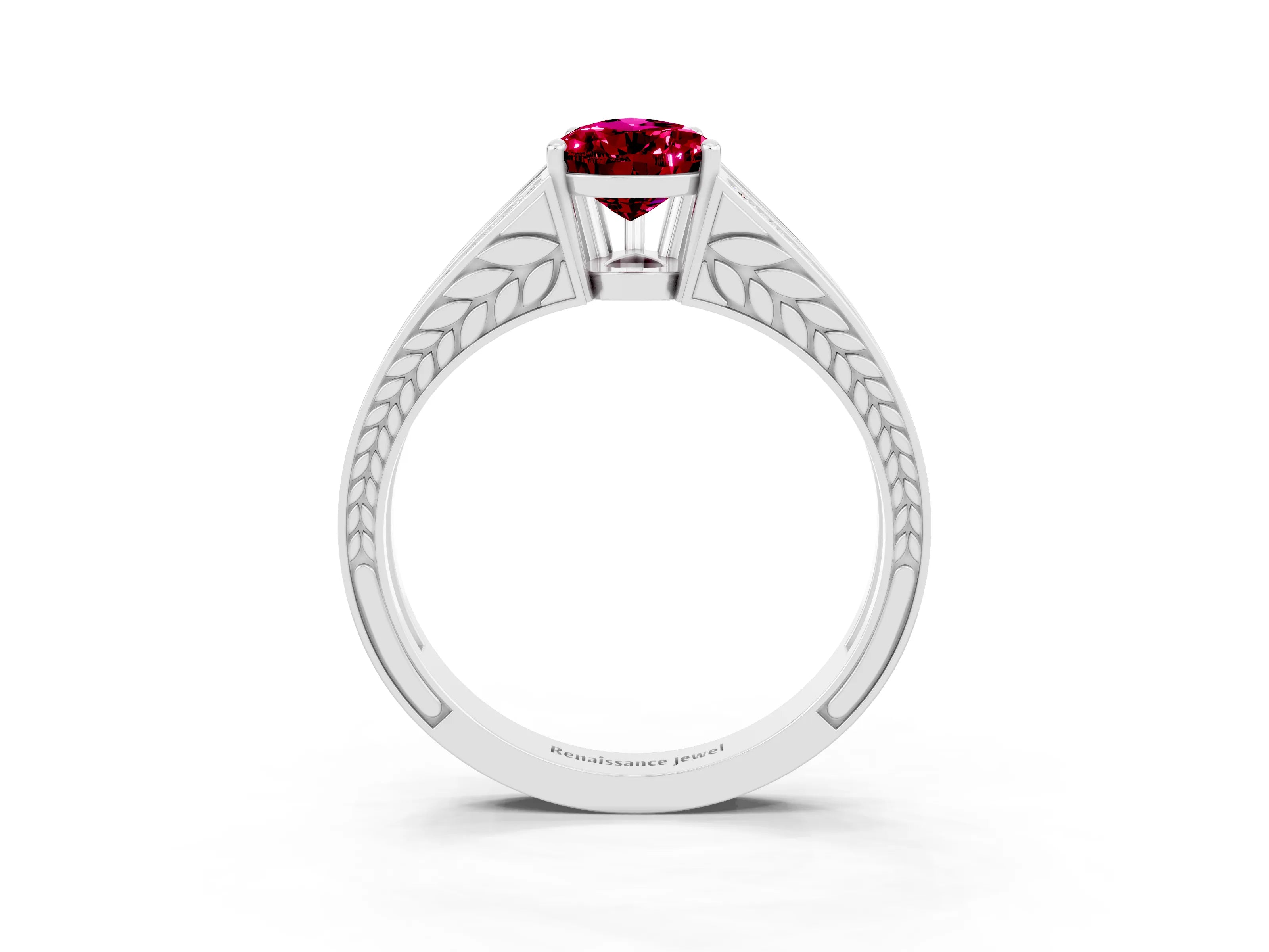 White gold Pear Cut Garnet Split Shank Ring with Pavé Band and Four-Prong Setting_3