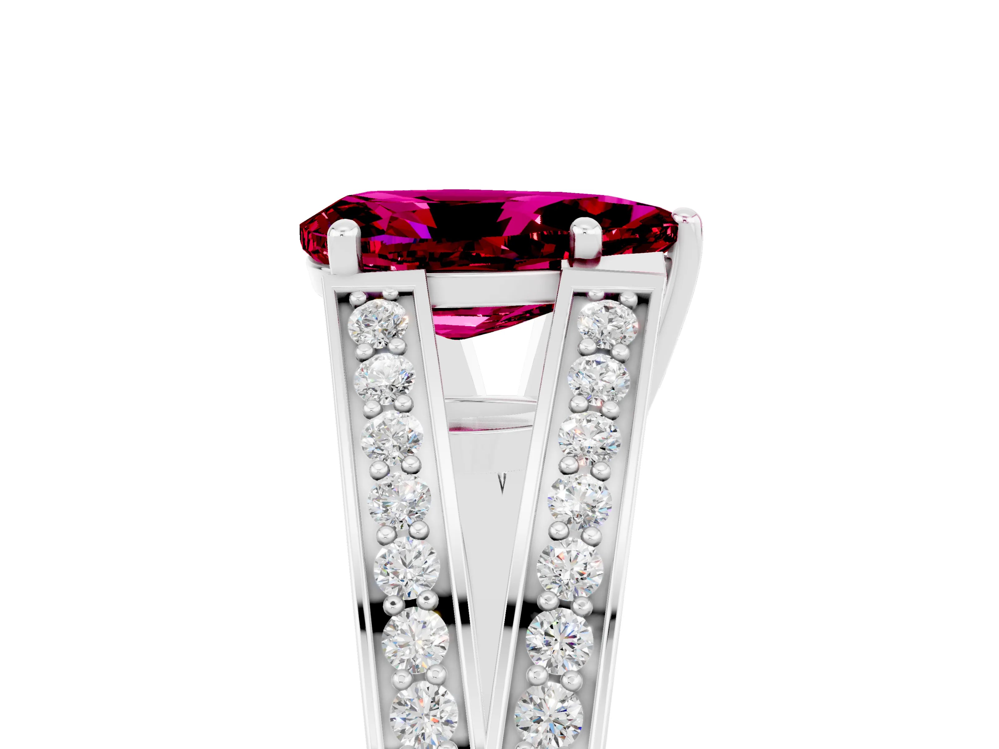 White gold Pear Cut Garnet Split Shank Ring with Pavé Band and Four-Prong Setting_5