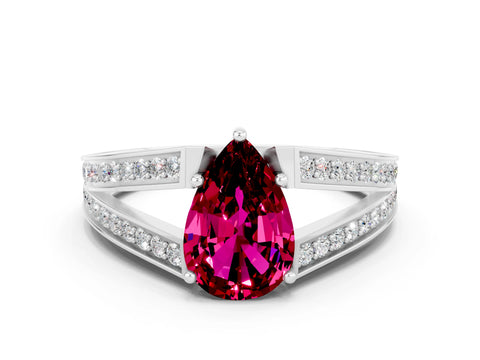 White gold Pear Cut Garnet Split Shank Ring with Pavé Band and Four-Prong Setting