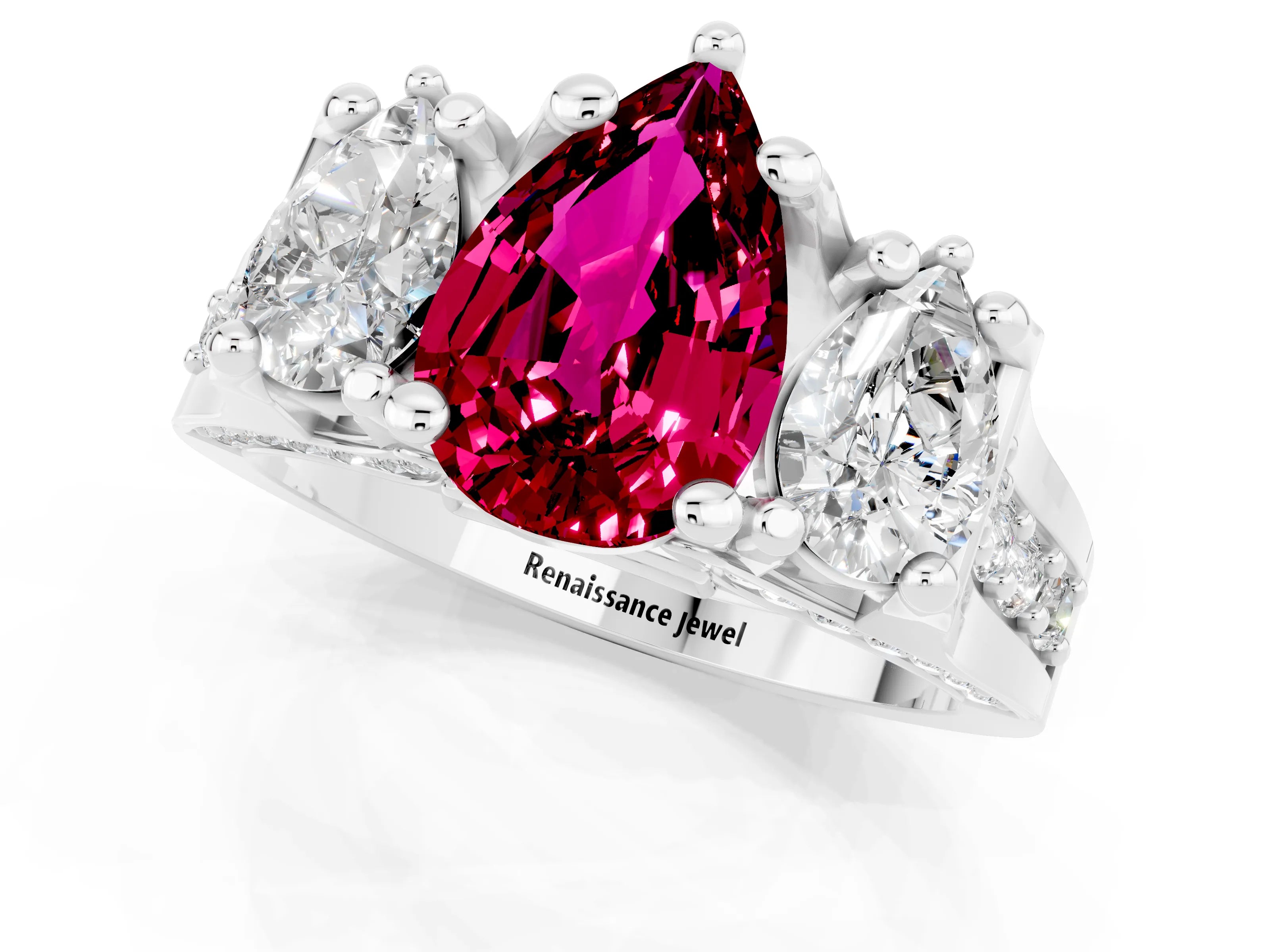 White gold Pear Cut Garnet Three-Stone Ring with Channel Set Band and Four-Prong Setting_1