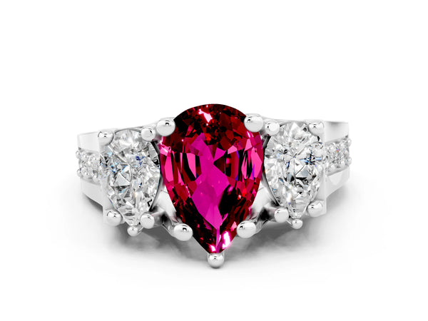White gold Pear Cut Garnet Three-Stone Ring with Channel Set Band and Four-Prong Setting