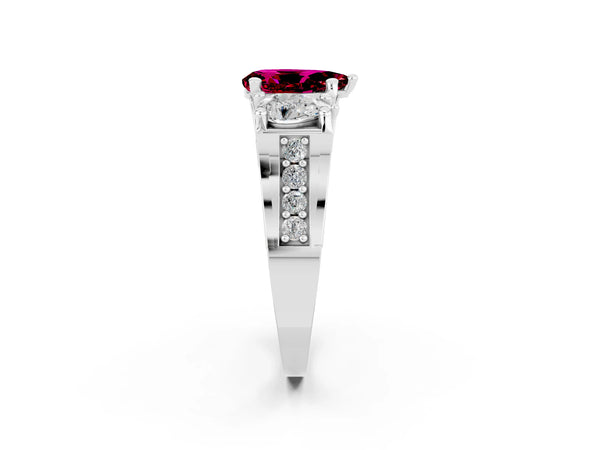 White gold Pear Cut Garnet Three-Stone Ring with Channel Set Band and Four-Prong Setting