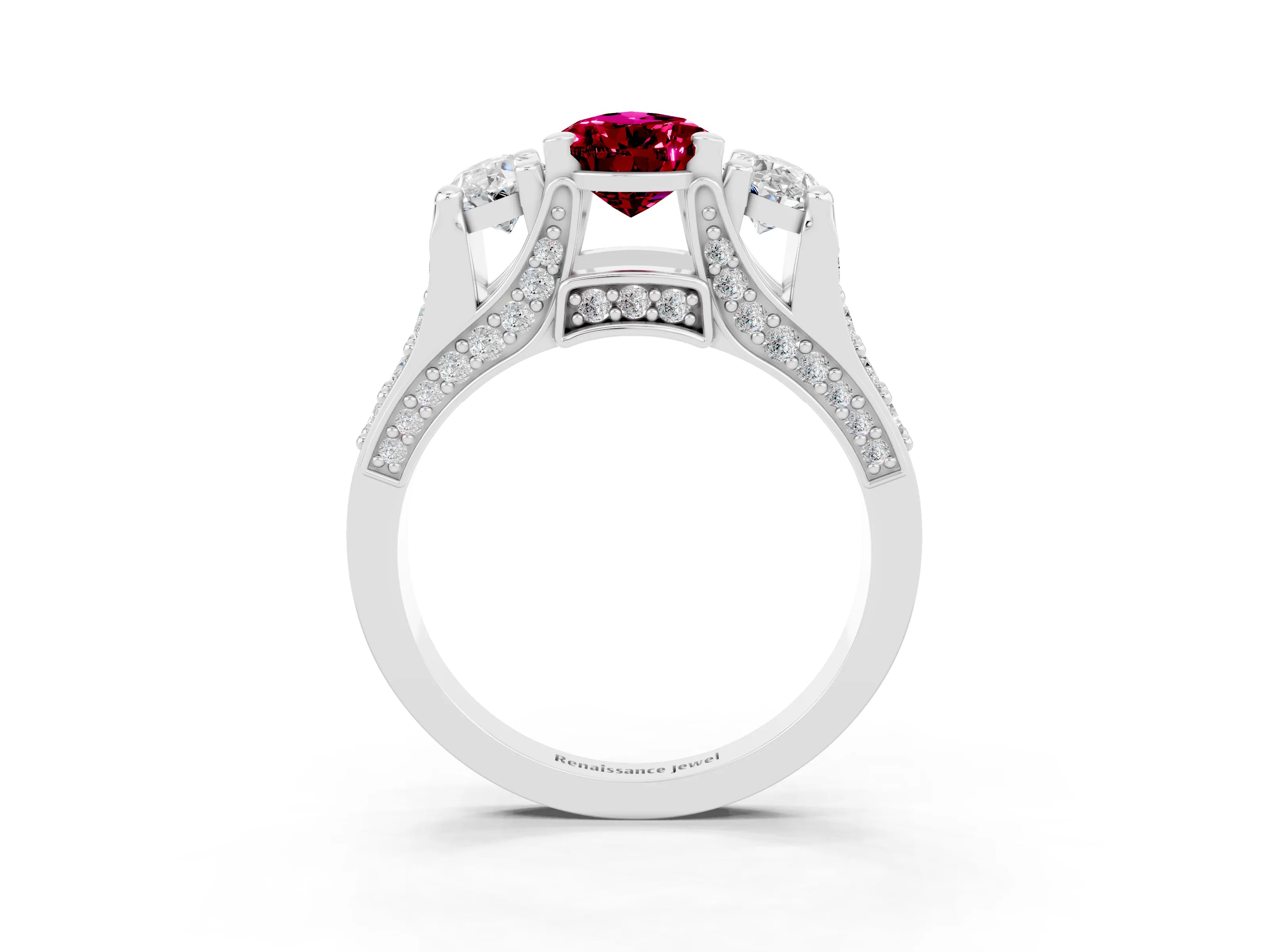 White gold Pear Cut Garnet Three-Stone Ring with Channel Set Band and Four-Prong Setting_3