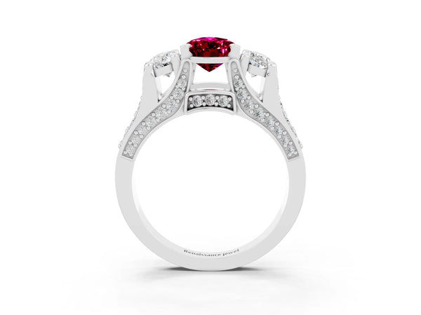 Silver Pear Cut Garnet Three-Stone Ring with Channel Set Band and Four-Prong Setting