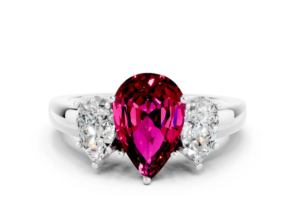 Platinum Pear Cut Garnet Three-Stone Ring with Four-Prong Setting and Classic Band