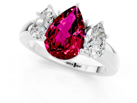 White gold Pear Cut Garnet Three-Stone Ring with Four-Prong Setting and Classic Band_1