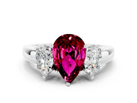 White gold Pear Cut Garnet Three-Stone Ring with Four-Prong Setting and Classic Band