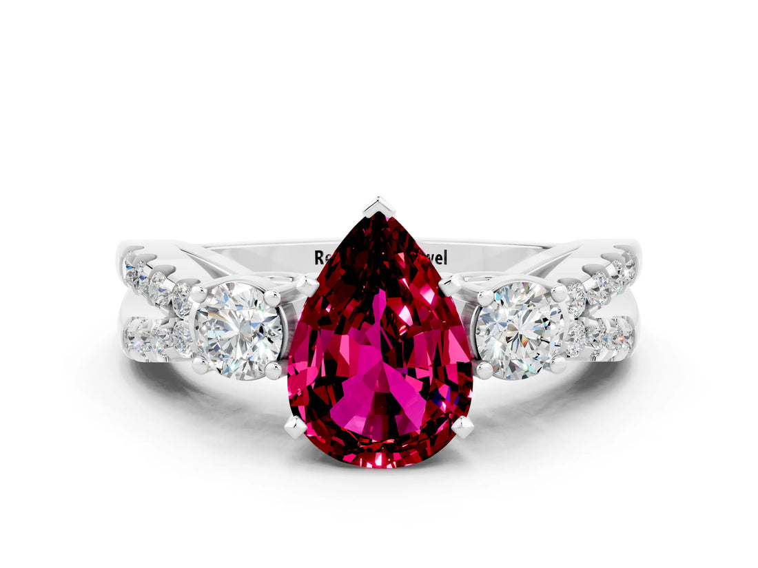 White gold Pear Cut Garnet Three-Stone Ring with Pavé Split Shank and Four-Prong Setting_12