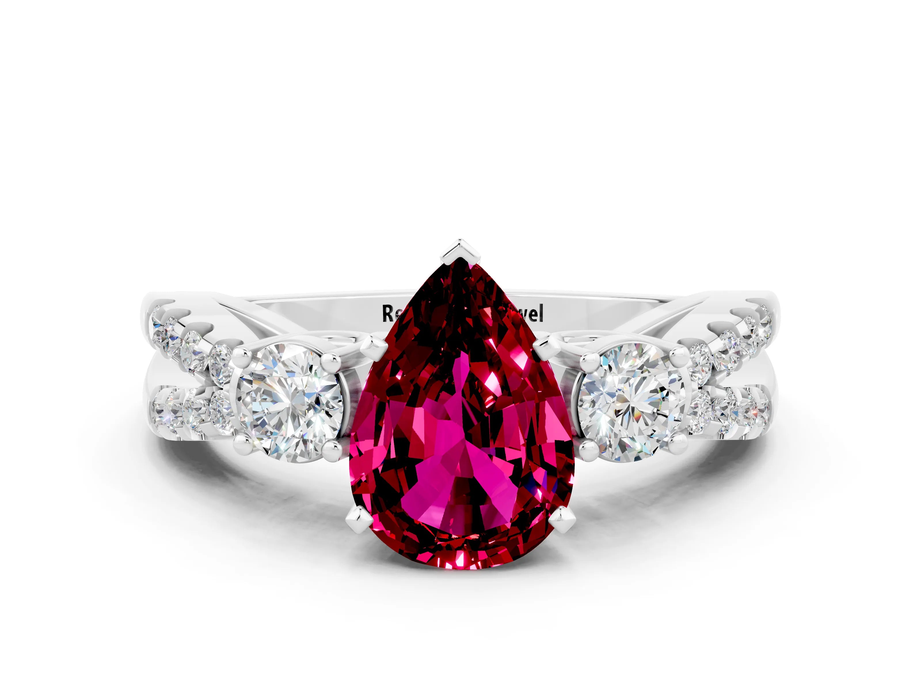 White gold Pear Cut Garnet Three-Stone Ring with Pavé Split Shank and Four-Prong Setting_12