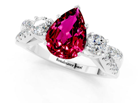 White gold Pear Cut Garnet Three-Stone Ring with Pavé Split Shank and Four-Prong Setting_13