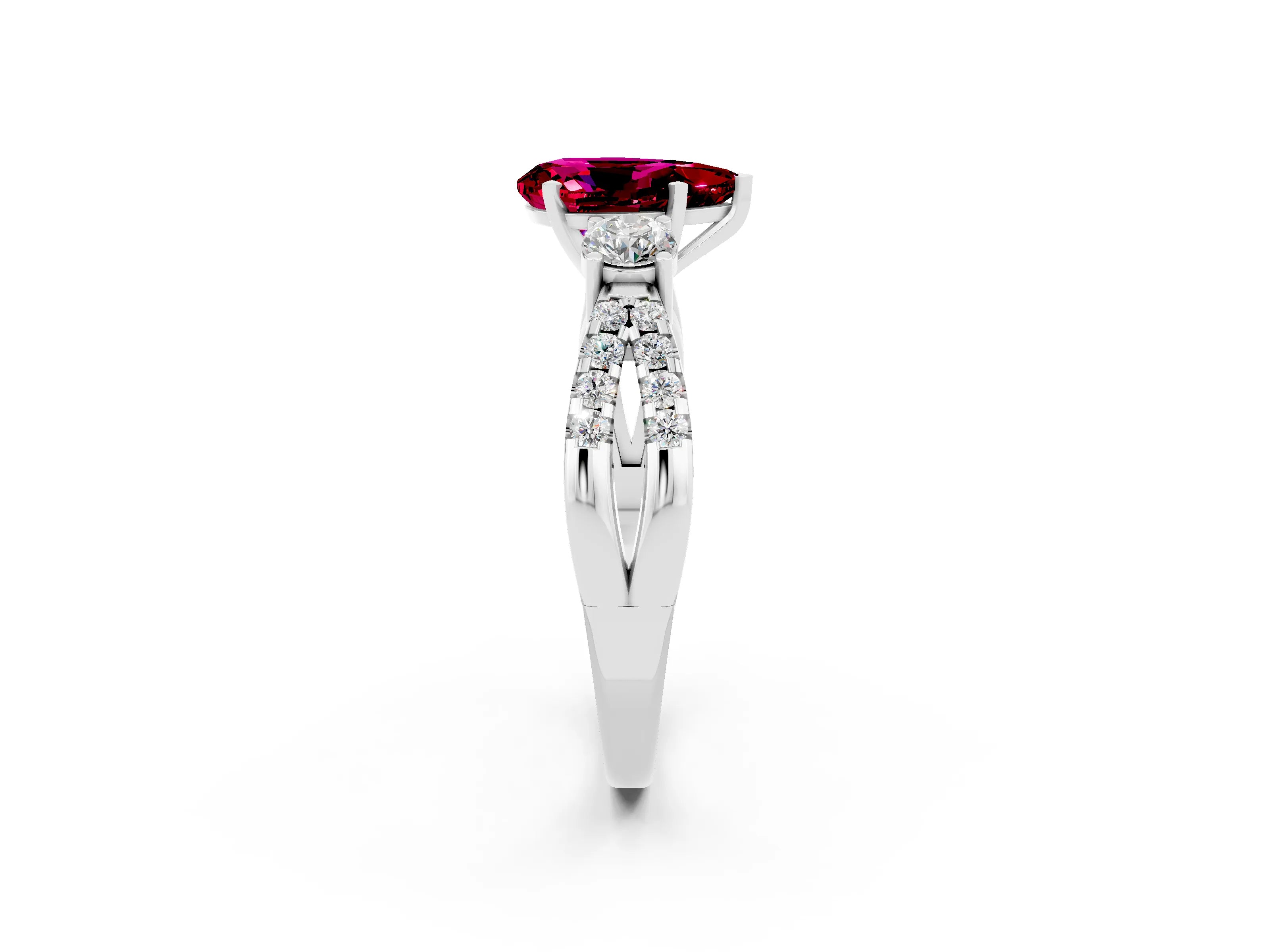 White gold Pear Cut Garnet Three-Stone Ring with Pavé Split Shank and Four-Prong Setting_14