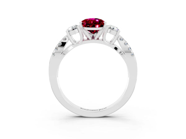 Platinum Pear Cut Garnet Three-Stone Ring with Pavé Split Shank and Four-Prong Setting