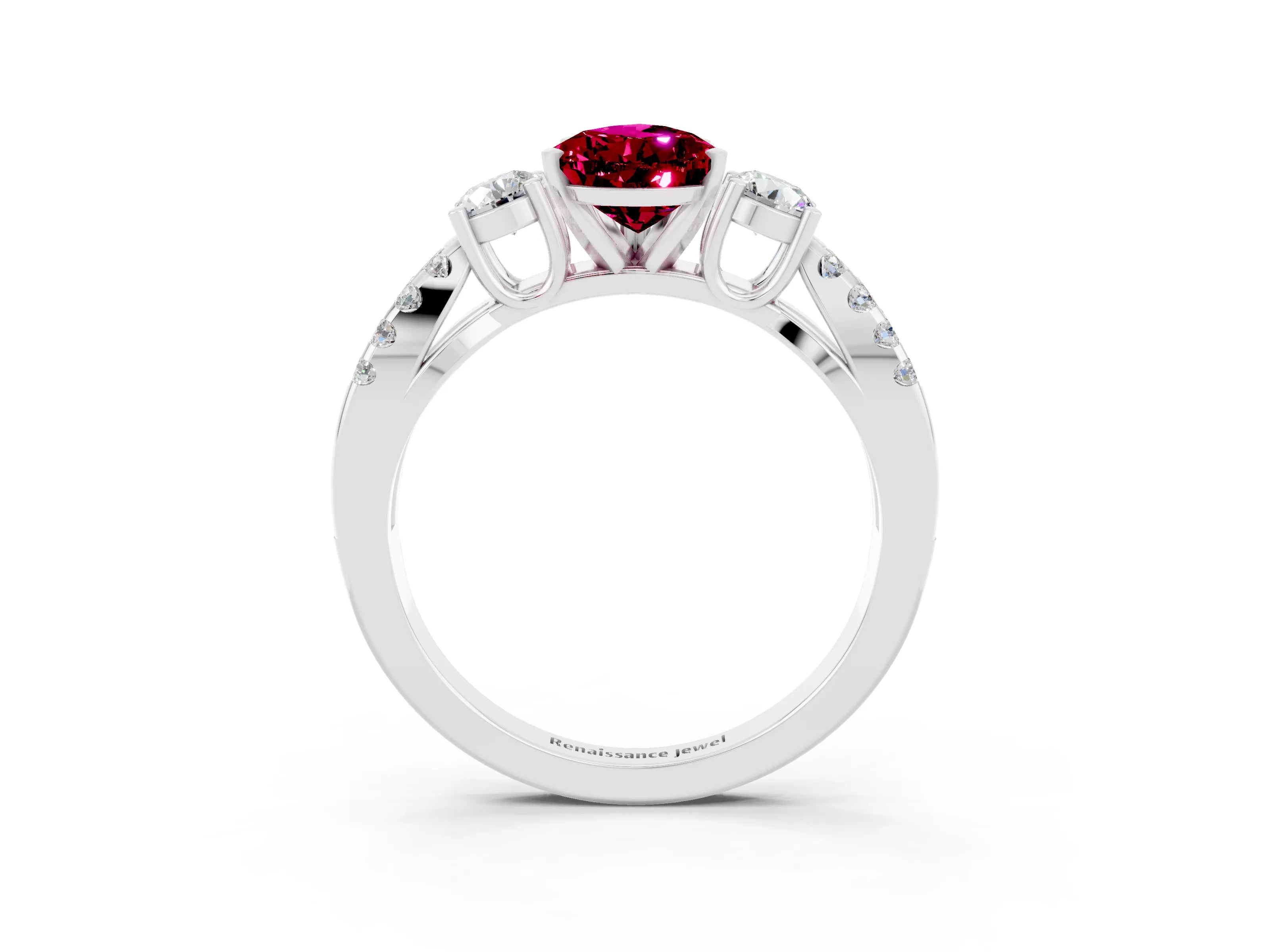 White gold Pear Cut Garnet Three-Stone Ring with Pavé Split Shank and Four-Prong Setting_15