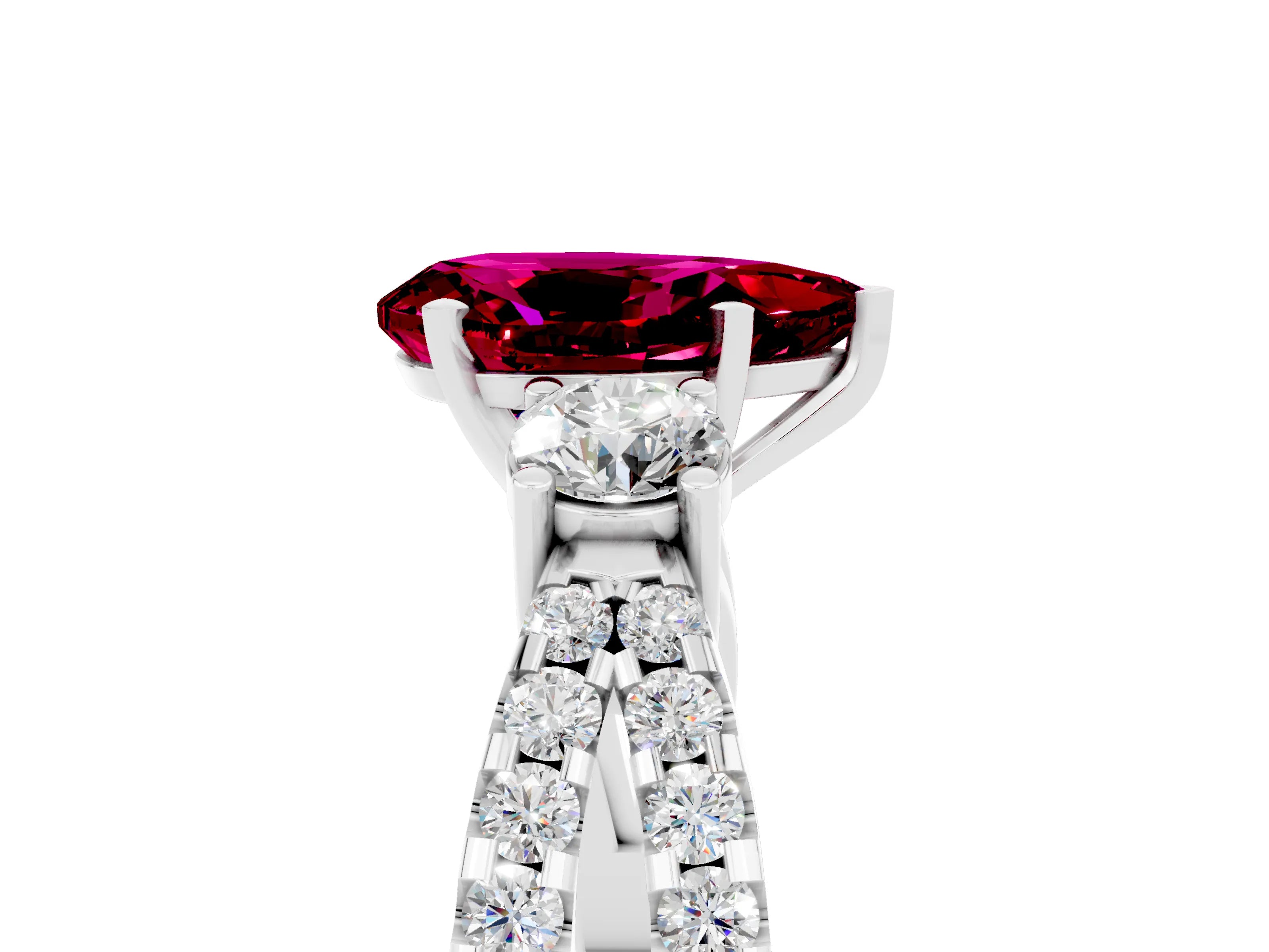 White gold Pear Cut Garnet Three-Stone Ring with Pavé Split Shank and Four-Prong Setting_17