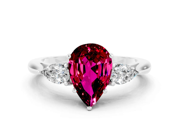 White gold Pear Cut Garnet Three-Stone Ring with Pear  Side Stones and Prong Setting