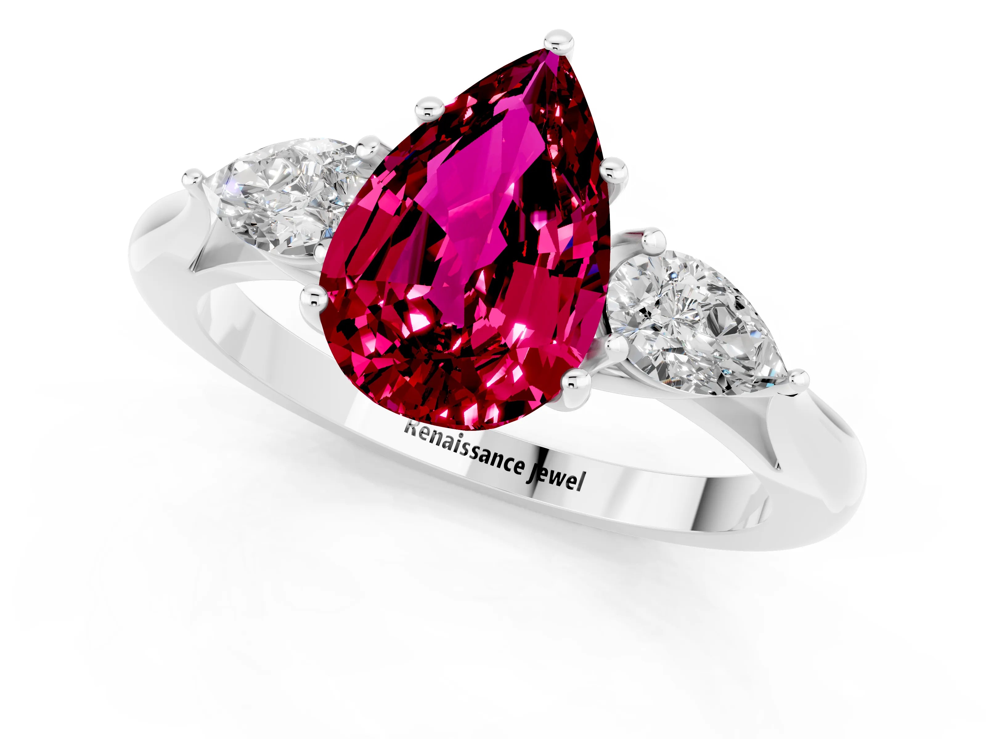 White gold Pear Cut Garnet Three-Stone Ring with Pear Side Stones and Four-Prong Setting_13