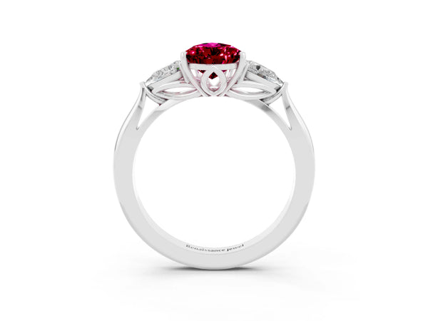 Silver Pear Cut Garnet Three-Stone Ring with Pear  Side Stones and Prong Setting