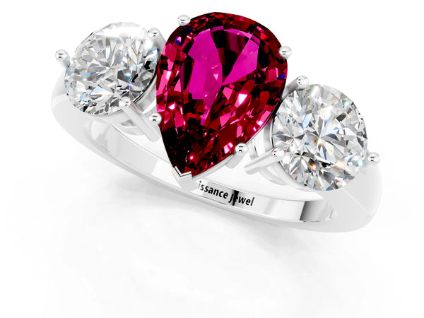 Platinum Pear Cut Garnet Three-Stone Ring with Prong Setting and Classic Band