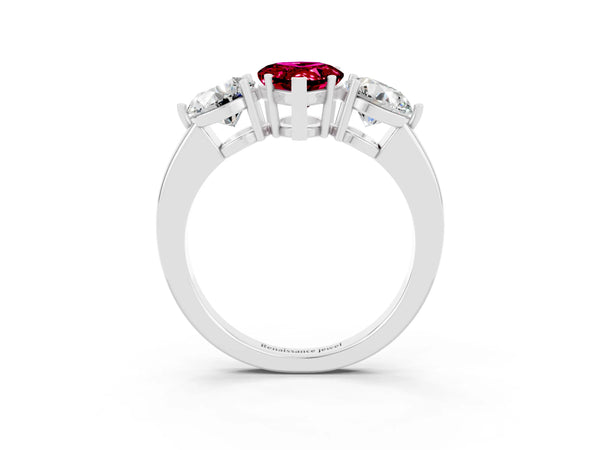 Platinum Pear Cut Garnet Three-Stone Ring with Prong Setting and Classic Band