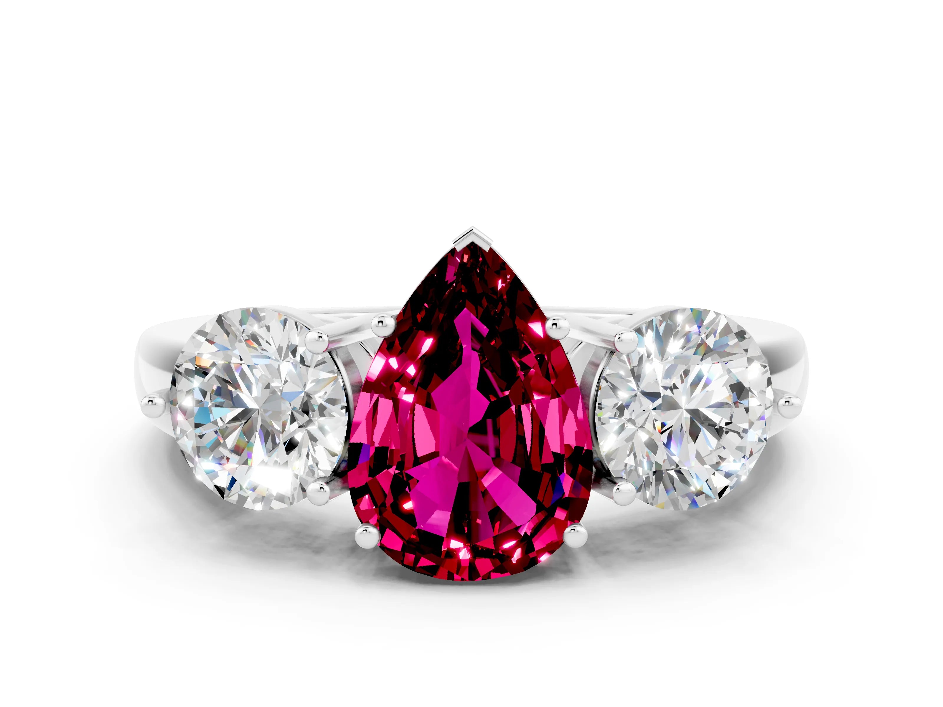 White gold Pear Cut Garnet Three-Stone Ring with Prong Setting and Classic Band