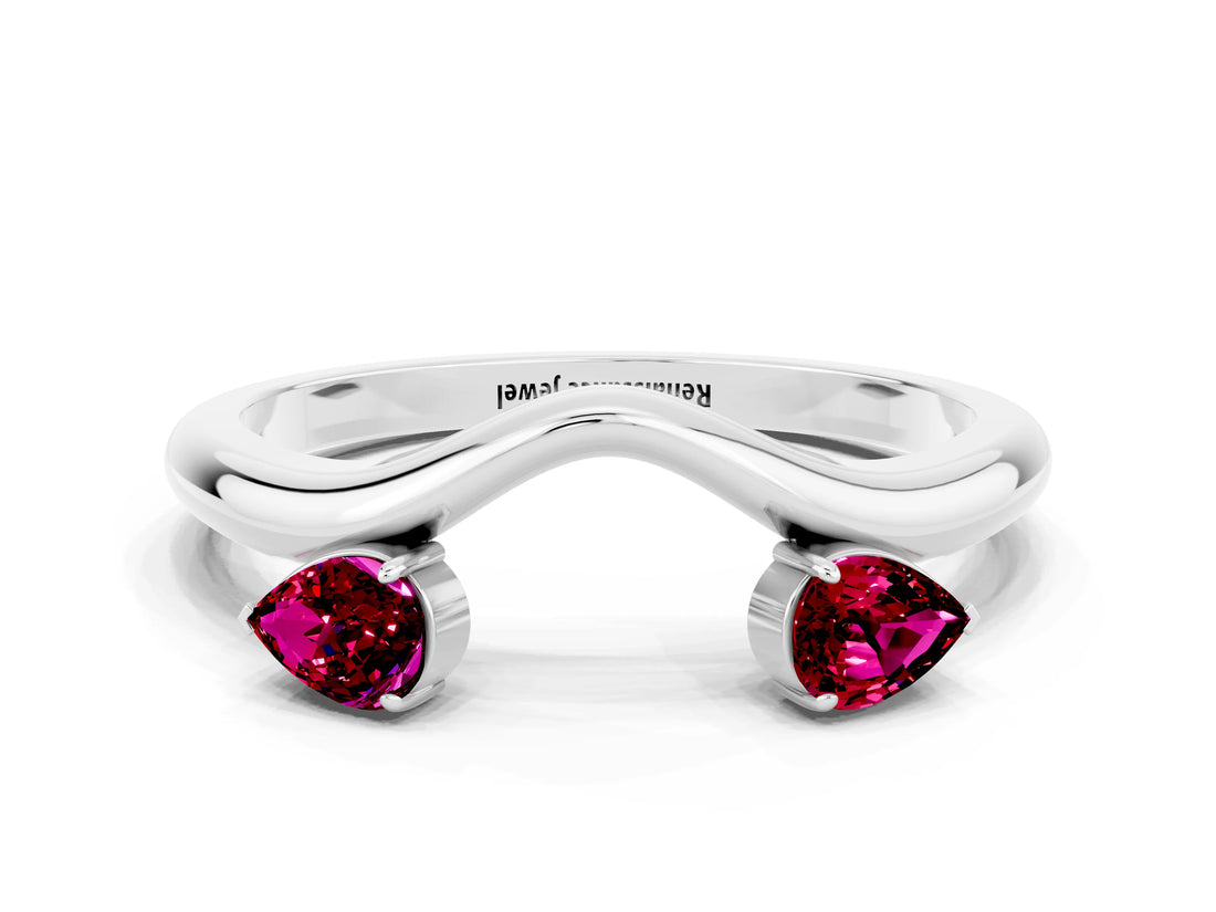 White gold Pear Cut Garnet Two-Stone Open Band Ring with Prong Setting_6