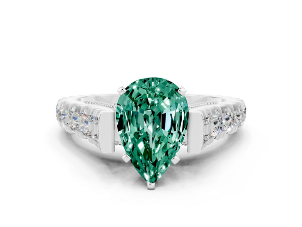 Platinum Pear Cut Green Sapphire Classic Solitaire Ring with Pavé Band and Four-Prong Setting