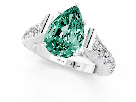 White gold Pear Cut Green Sapphire Classic Solitaire Ring with Pavé Band and Four-Prong Setting_1