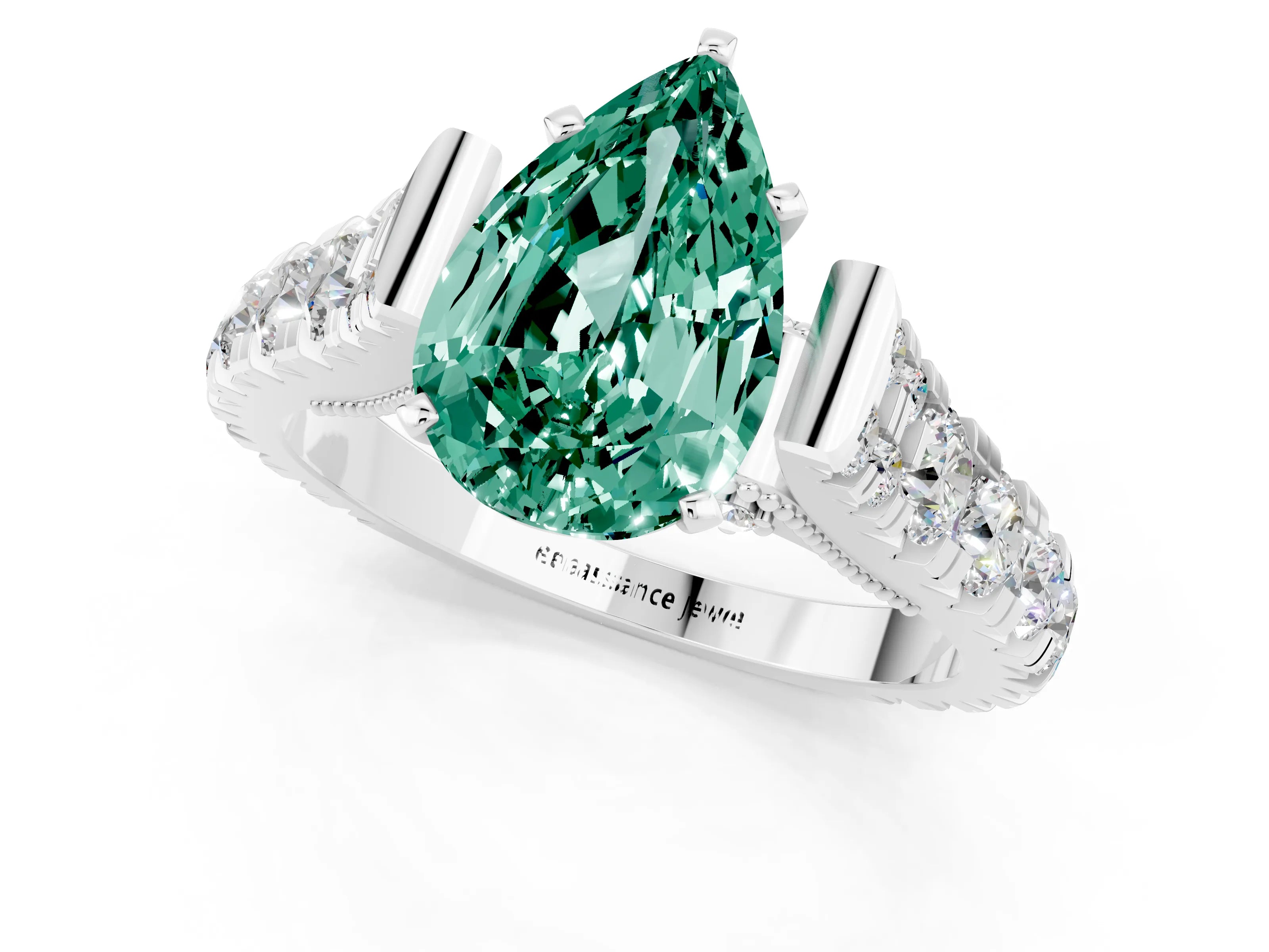 White gold Pear Cut Green Sapphire Classic Solitaire Ring with Pavé Band and Four-Prong Setting_1