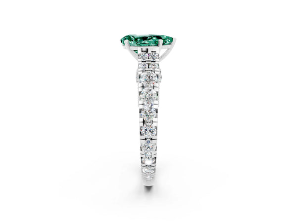 Silver Pear Cut Green Sapphire Classic Solitaire Ring with Pavé Band and Four-Prong Setting