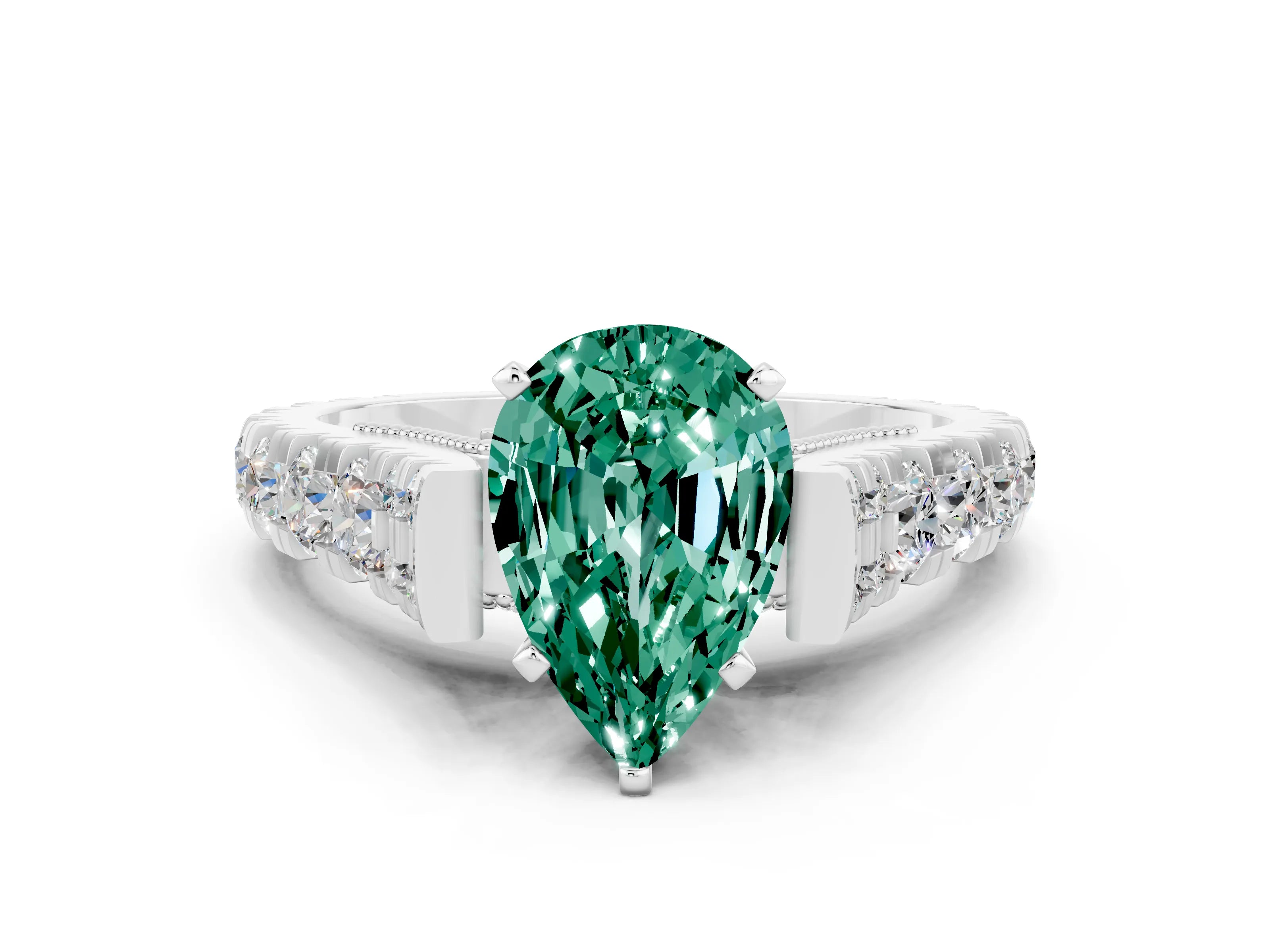 White gold Pear Cut Green Sapphire Classic Solitaire Ring with Pavé Band and Four-Prong Setting