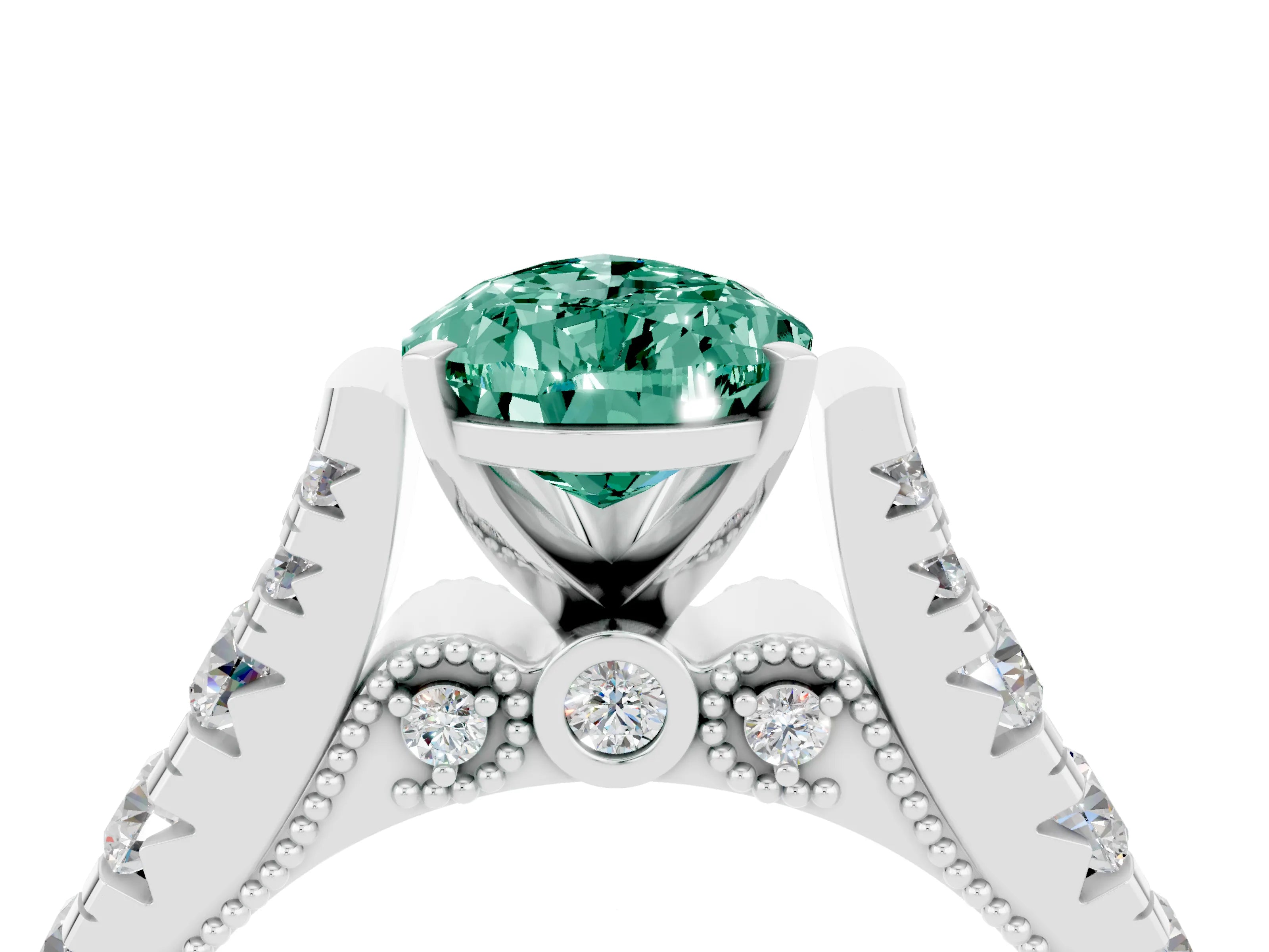 White gold Pear Cut Green Sapphire Classic Solitaire Ring with Pavé Band and Four-Prong Setting_4